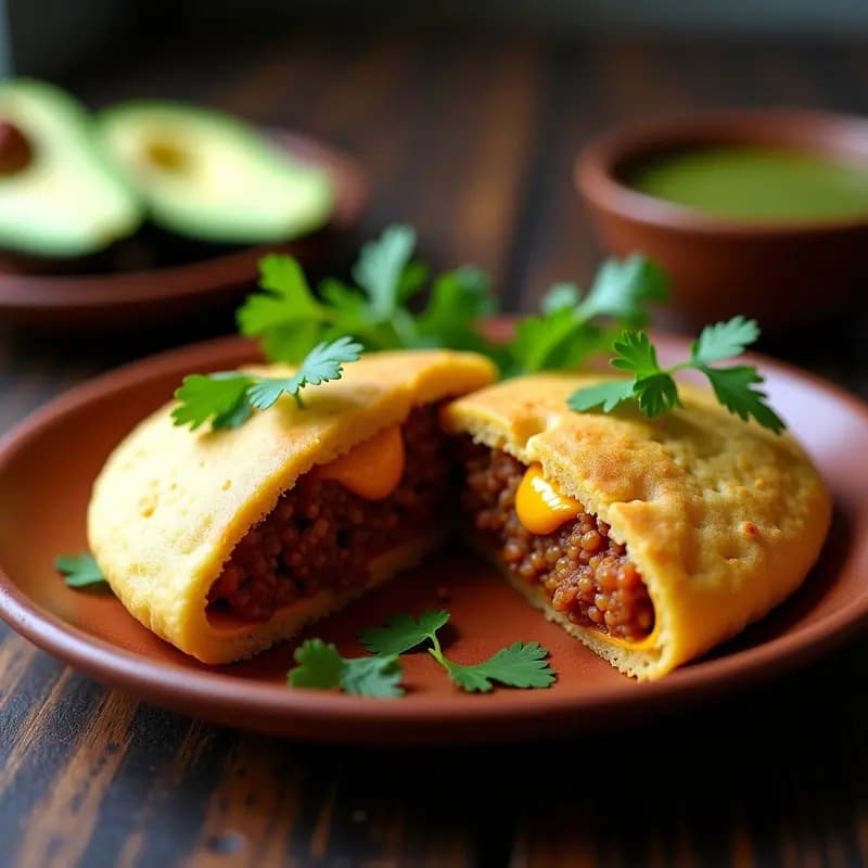 Arepa venezolana dorada y crujiente rellena de chorizo vegano especiado y queso de mandioca derretido, decorada con cilantro fresco sobre un plato de barro rústico.