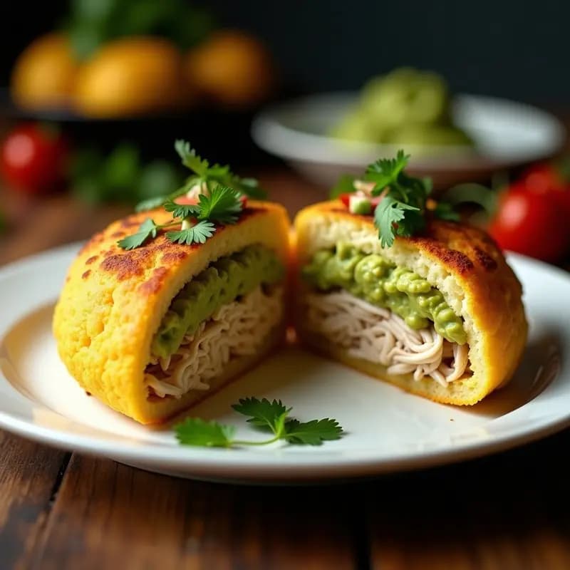 Arepa de coliflor dorada cortada por la mitad rellena de pollo desmenuzado jugoso y guacamole cremoso con trozos de tomate y cilantro, servida en plato blanco rústico sobre fondo de madera oscura, receta low-carb venezolana.
