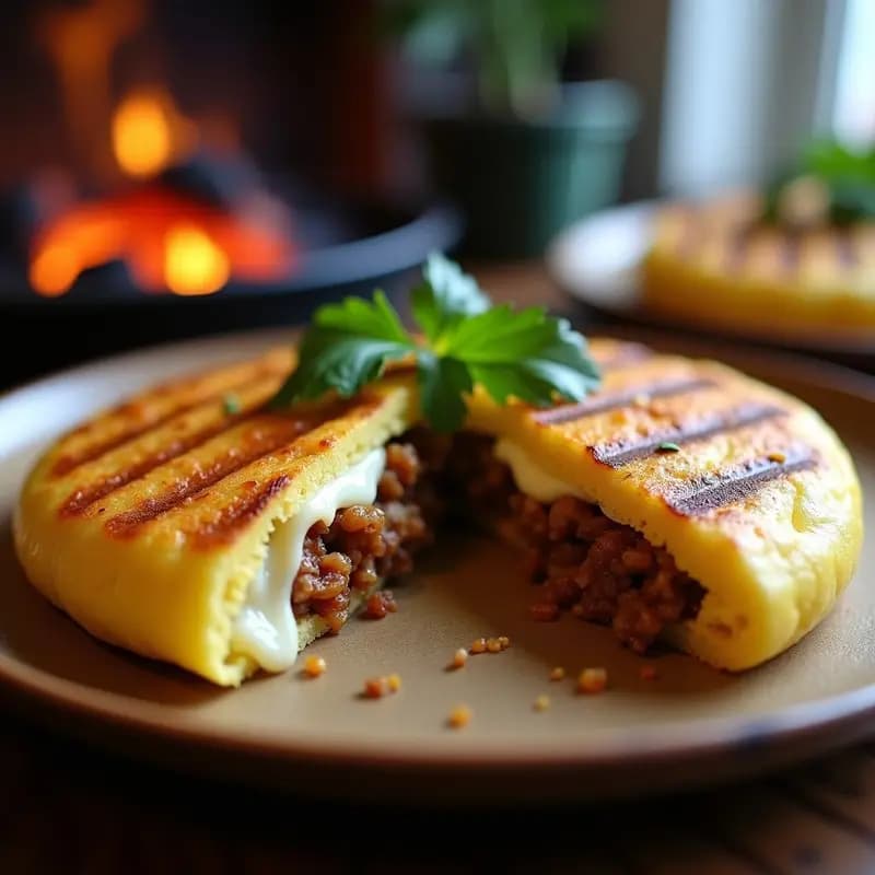 Arepa colombiana dorada y crujiente rellena de queso derretido y chicharrón desmenuzado, cocinada en parrilla, decorada con cilantro fresco sobre un plato de madera rústico.