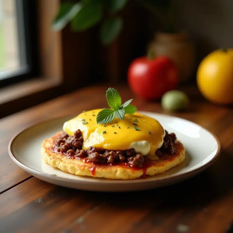 Arepa dominó colombiana cortada por la mitad, mostrando sus capas de maíz amarillo y blanco rellenas de carne desmenuzada en salsa criolla y queso campesino derretido, servida en un plato de madera rústico con fondo de cocina tradicional.