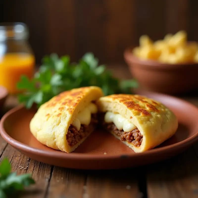 Arepa dominó venezolana cortada por la mitad, mostrando capas de masa blanca y amarilla rellenas de carne mezclada jugosa y queso blanco derretido, decorada con cilantro fresco sobre un plato rústico de barro.