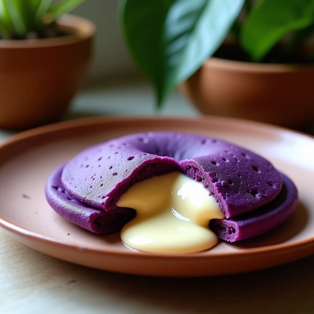 Arepa dulce de maíz morado cortada por la mitad, rellena de queso vegano cremoso de color beige, sobre un plato de cerámica blanca. Fondo con hojas de menta y semillas de chía espolvoreadas. Postre venezolano sin azúcar con tonos morados intensos y textura esponjosa.