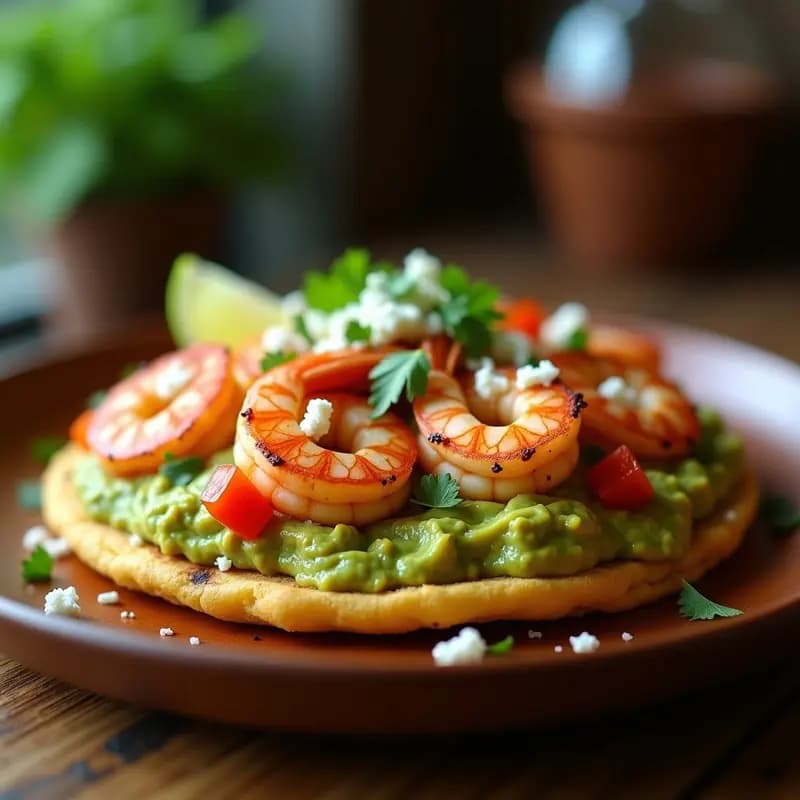 Arepa dorada de yuca abierta por la mitad, rellena de guacamole cremoso verde y camarones rosados a la plancha, decorada con cilantro fresco y rodajas de limón sobre un plato de madera rústico.