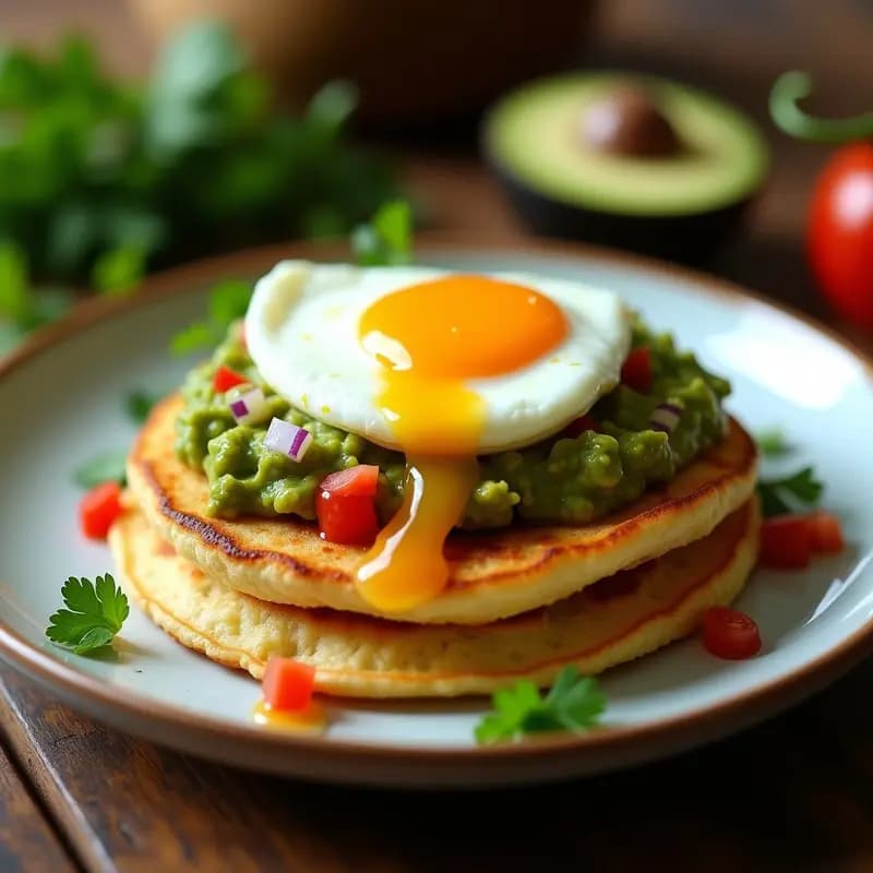 Arepa dorada abierta por la mitad, rellena de guacamole cremoso de color verde con trozos de tomate y cebolla, y un huevo poché con yema líquida amarilla brillante encima. Plato rústico de fondo con cilantro fresco.