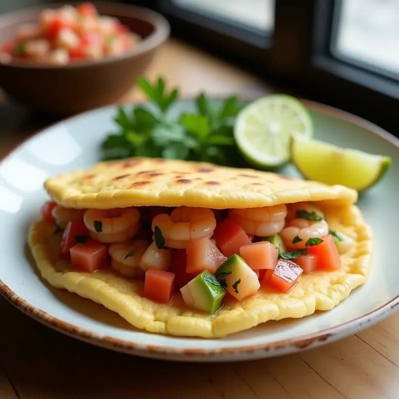 Arepa dorada de harina de arroz cortada por la mitad, rellena de ceviche de camarones con trozos de cebolla morada, tomate y cilantro, acompañada de cubos de aguacate sobre un plato blanco rústico.