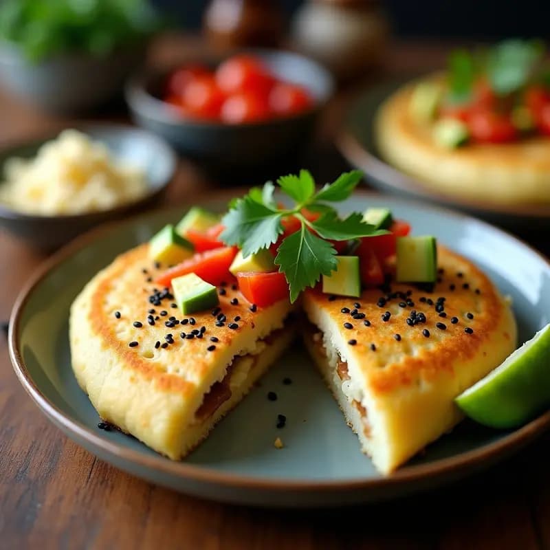 Arepa dorada y crujiente de harina de arroz y queso de soja, con semillas de sésamo negro, servida abierta con relleno de aguacate, tomate y cilantro fresco sobre fondo rústico de madera.