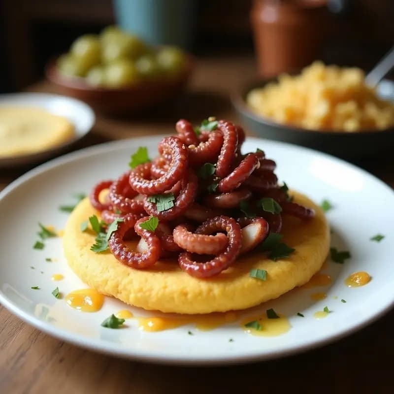 Arepa dorada de harina de coco abierta por la mitad, rellena de pulpo al ajillo con trozos de ajo, perejil y cebolla morada, servida en un plato de barro con fondo rústico.
