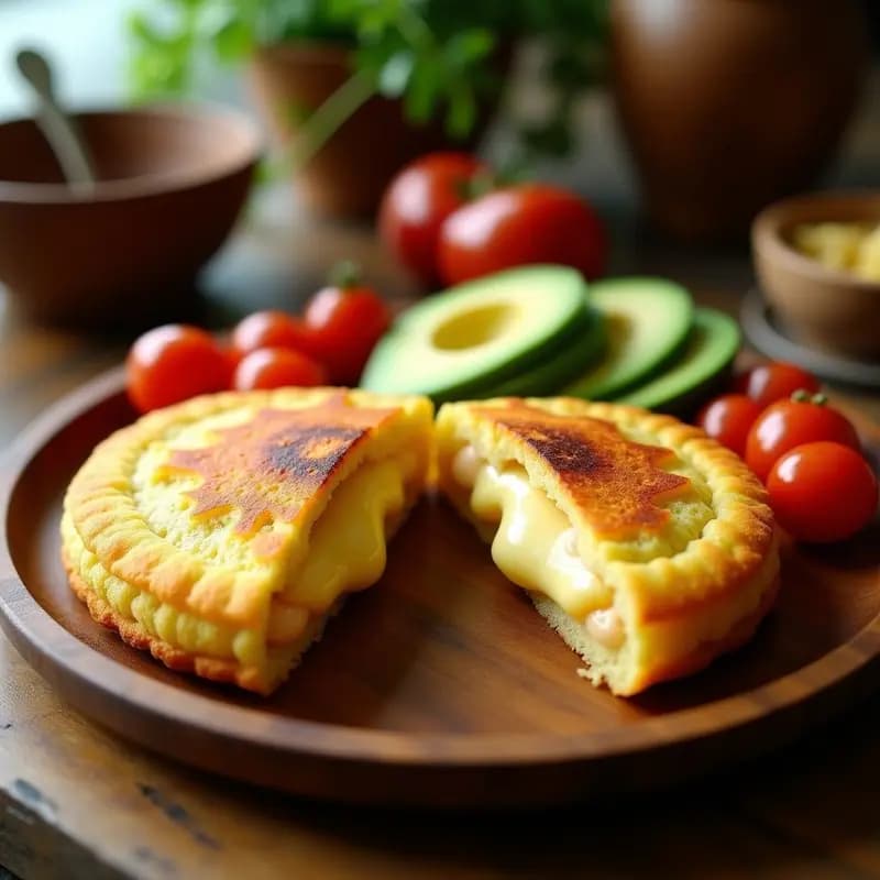 Arepa dorada y crujiente de harina de guisante rellena de queso de mandioca fundido, servida en plato rústico con rodajas de aguacate y tomate. Receta colombiana sin gluten en airfryer.