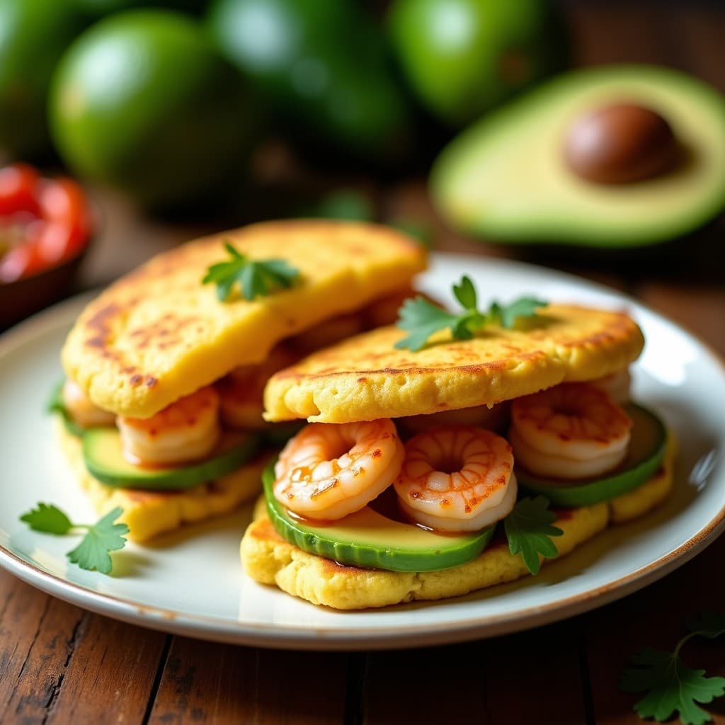 Arepa dorada y esponjosa de harina de plátano verde rellena de cremoso aguacate Hass y camarones jugosos al ají dulce, servida en un plato blanco con decoración de cilantro fresco, receta keto venezolana.
