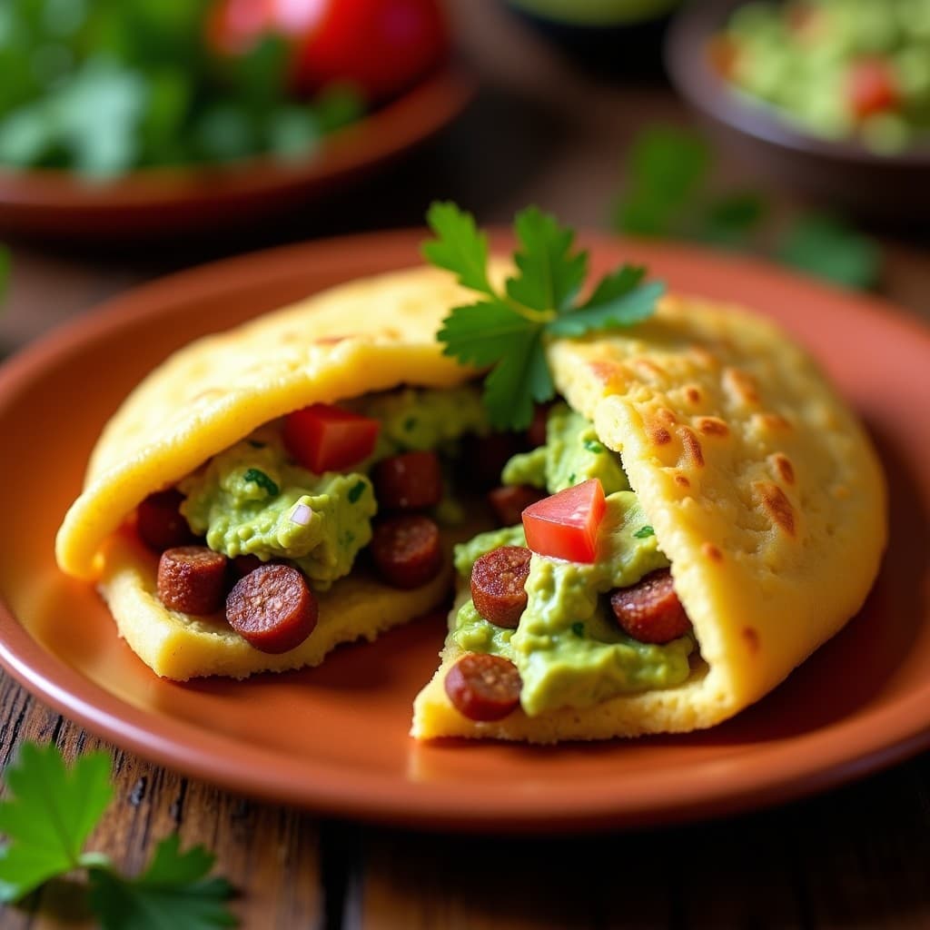 Arepa dorada de harina de plátano abierta por la mitad, rellena de guacamole cremoso y trozos de chorizo de soja dorado, servida en un plato de barro con detalles rústicos. Desayuno venezolano vegano, alto en proteína y sin gluten.