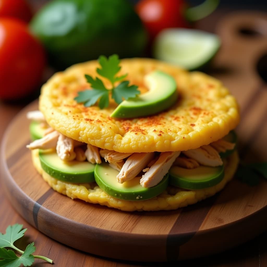 Arepa dorada de harina de plátano verde abierta por la mitad, rellena de pollo desmenuzado jugoso y trozos cremosos de aguacate, decorada con cilantro fresco sobre una tabla de madera rústica.