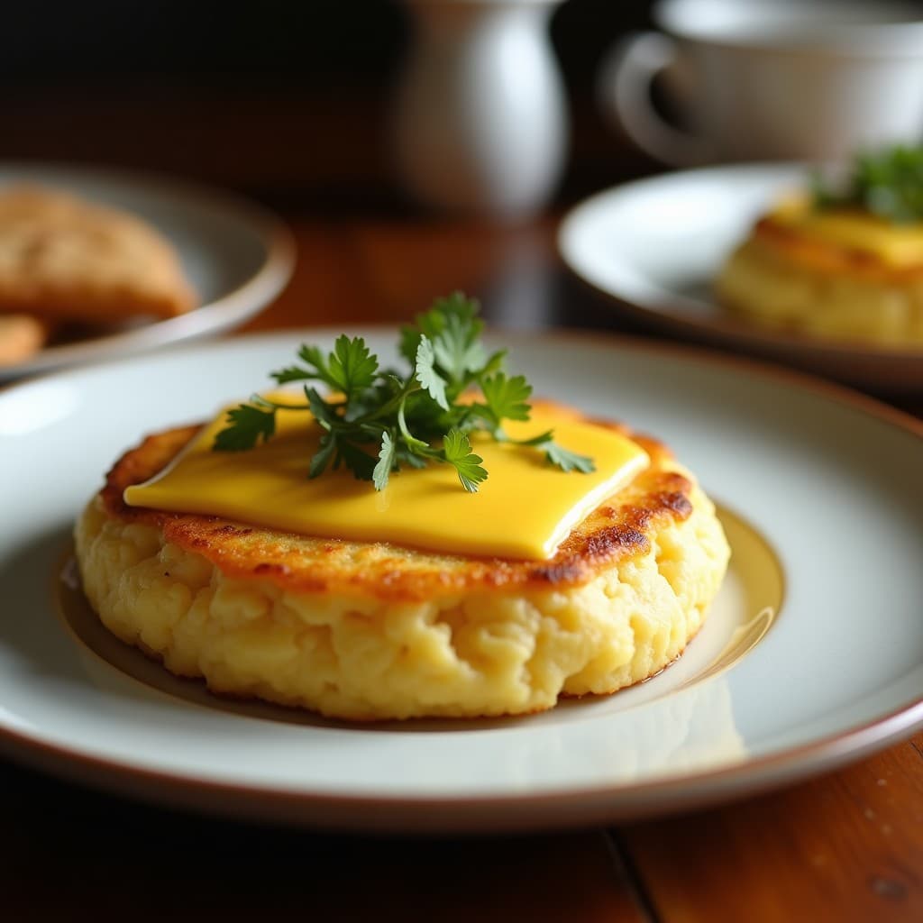 Arepa dorada de harina de yuca abierta por la mitad, rellena de queso palmito derretido y hojitas de mostaza frescas, sobre fondo rústico de madera con detalles de cocina venezolana keto.