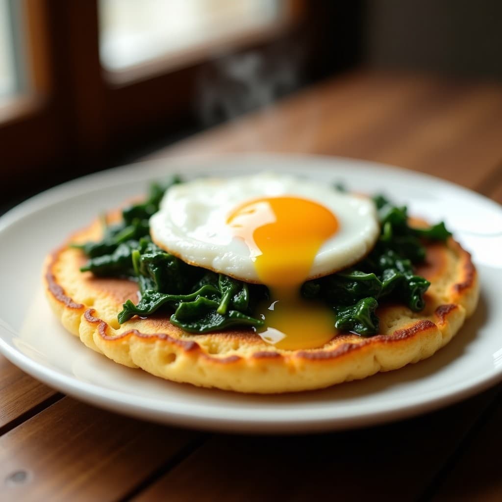 Arepa dorada y crujiente rellena de espinacas verdes y un huevo con yema líquida en el centro, servida en un plato blanco sobre una mesa de madera rústica. Receta de arepa rellena de huevo y espinacas en airfryer sin aceite.
