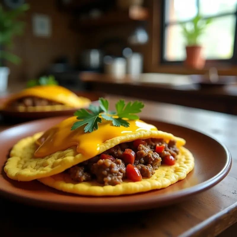 Arepa dorada de maíz amarillo abierta por la mitad, rellena de pabello de res desmenuzado y queso de cúrcuma de color amarillo vibrante, decorada con cilantro fresco. Plato típico colombiano fusion con texturas y sabores contrastantes.