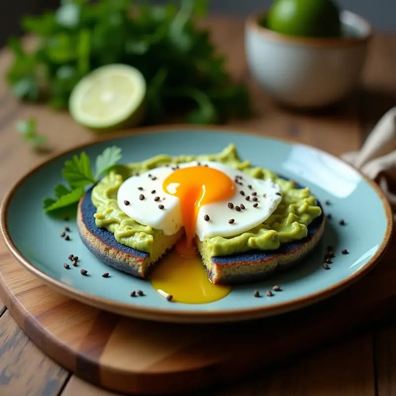 Arepa de maíz azul abierta por la mitad, rellena de aguacate cremoso y coronada con un huevo escalfado de yema líquida, espolvoreada con semillas de chía. Plato servido en una tabla de madera rústica con rodajas de limón y cilantro fresco.