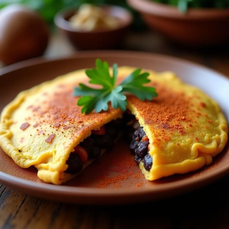 Arepa de maíz azul dorada y crujiente abierta por la mitad, rellena de frijoles negros con pimentón ahumado, cebolla morada y perejil fresco. Plato tradicional venezolano adaptado a dieta keto, servido en un plato rústico de barro.