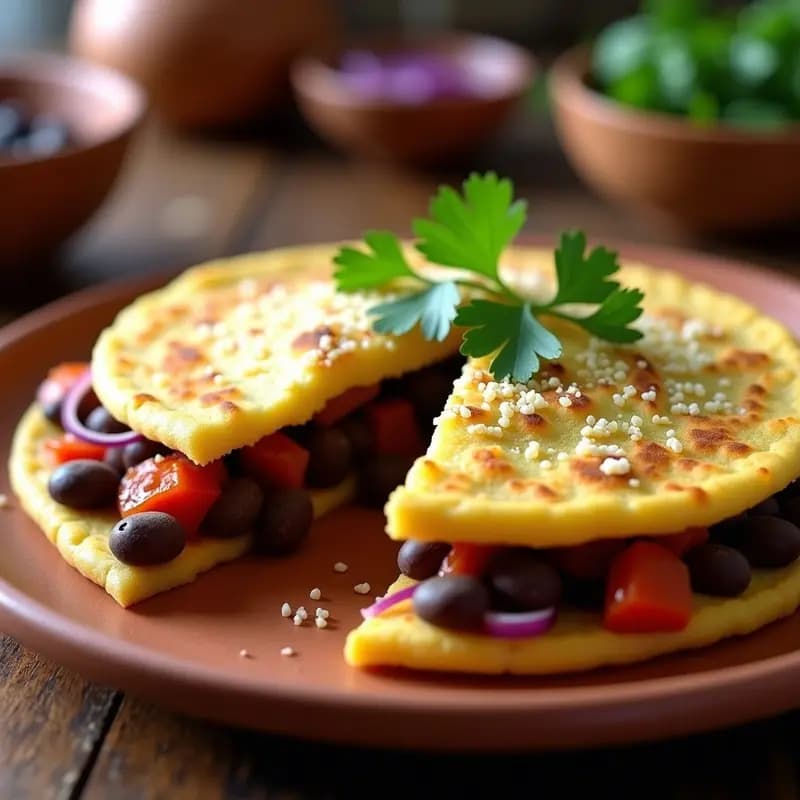 Arepa de maíz azul cortada por la mitad, rellena de puré de frijoles negros y queso de cándo derretido, servida en plato de barro con fondo rústico.
