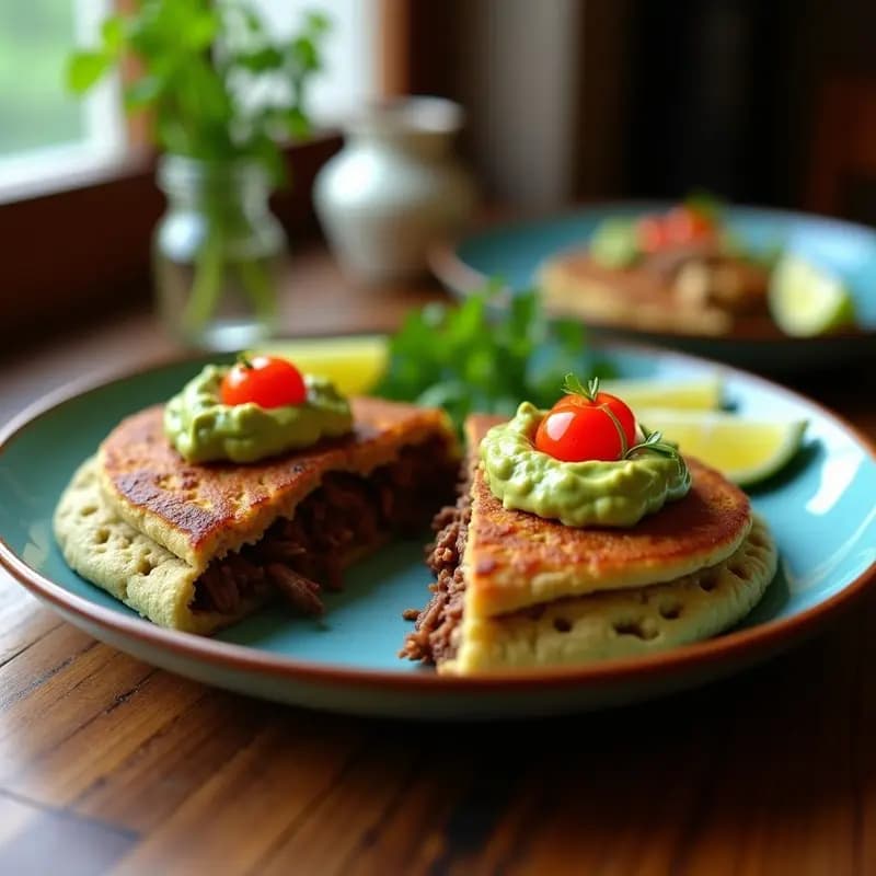 Arepa de maíz azul cortada por la mitad, rellena de carne desmechada jugosa y guacamole cremoso con trozos de tomate y cilantro. Plato colorido y apetitoso con fondo rústico de madera, representando la receta venezolana alta en fibra.