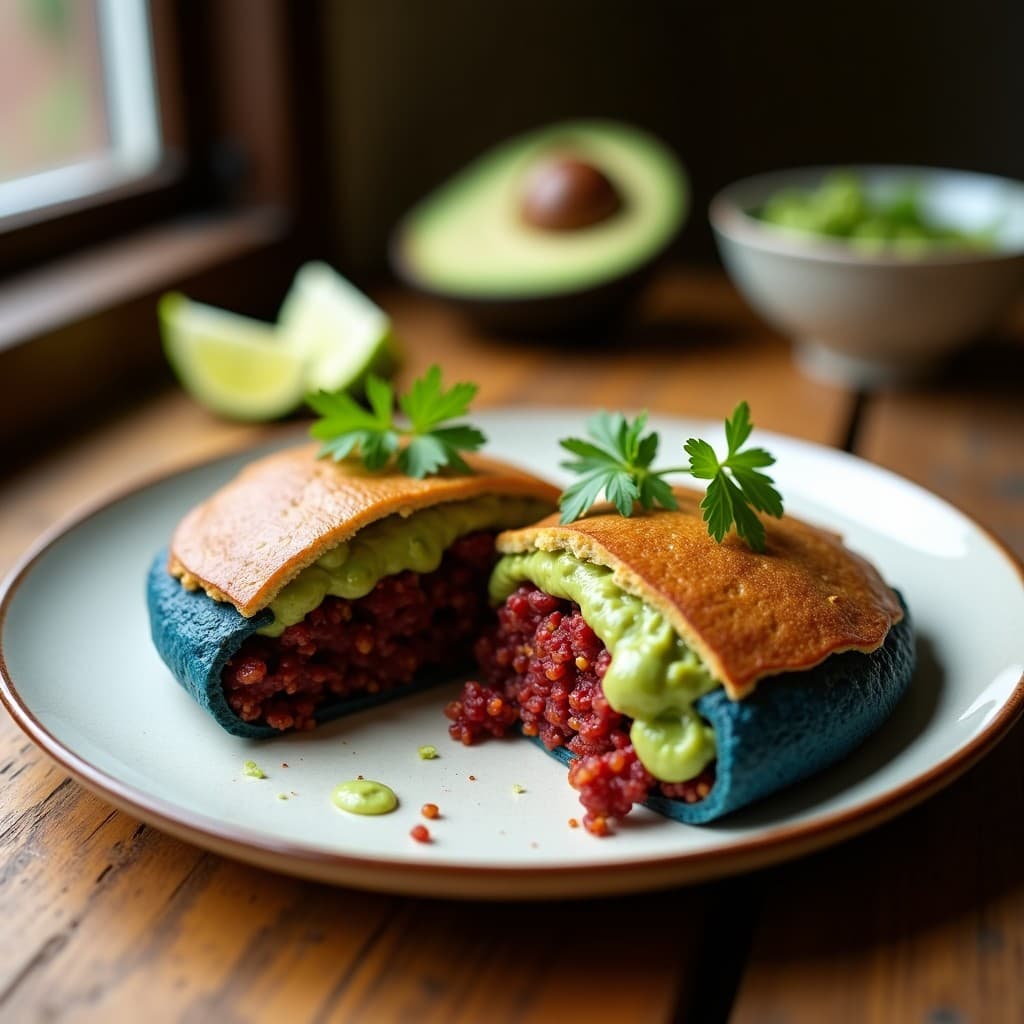 Arepa de maíz azul cortada por la mitad, rellena de guacamole cremoso y chorizo vegano de color rojo intenso, servida en un plato de cerámica blanca con rodajas de limón al lado. Receta colombiana fusion en airfryer.