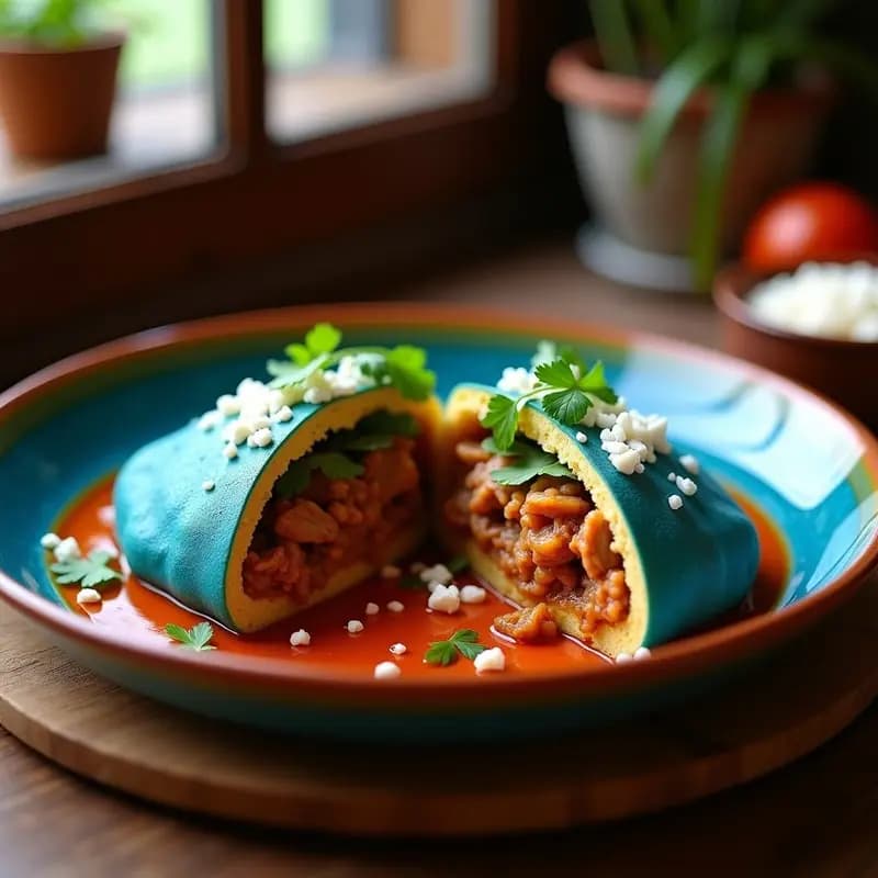 Arepa dorada de maíz azul abierta por la mitad, rellena de pernil de cerdo desmenuzado jugoso con trozos de cebolla morada y pimiento rojo, decorada con cilantro fresco sobre un plato rústico de madera.