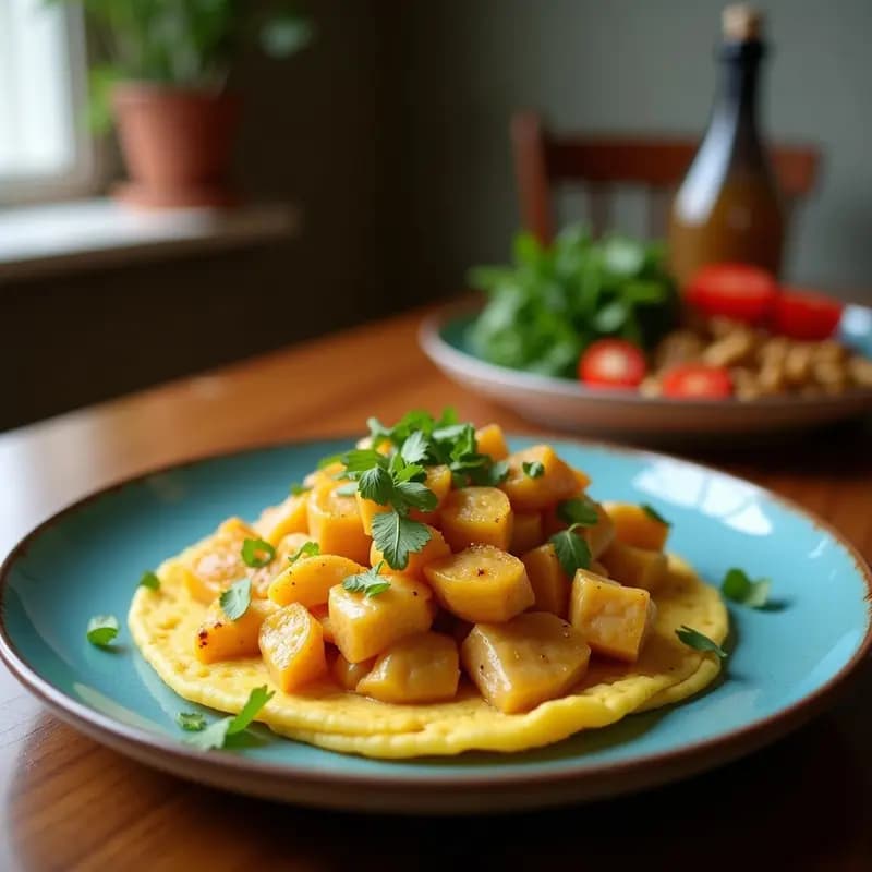 Arepa de maíz azul cortada por la mitad, rellena de pollo dorado en salsa de ají amarillo, acompañada de cilantro fresco y queso desmenuzado sobre un plato de barro rústico.