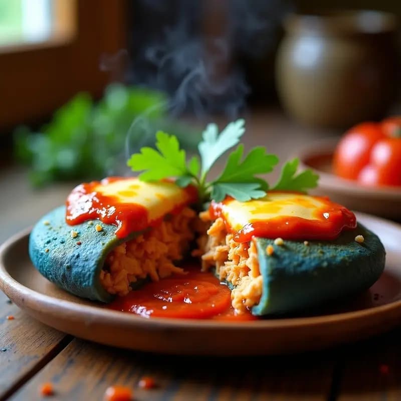Arepa de maíz azul rellena de pollo y queso Costa Rica, dorada y crujiente por fuera, con relleno jugoso de pollo marinado y queso palmito derretido, servida en un plato de madera rústico con rodajas de aguacate.
