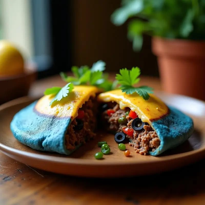 Arepa de maíz azul recién asada, abierta por la mitad y rellena de carne mechada jugosa y queso guayanés derretido, servida en plato de barro con ají dulce al lado.