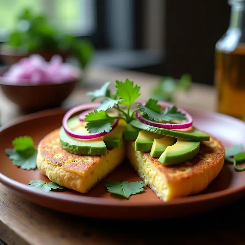 Arepa de maíz azul abierto por la mitad, rellena de queso de cashew cremoso y rodajas de aguacate, decorada con cebolla morada y cilantro fresco sobre un plato de barro. Receta colombiana sin lácteos.