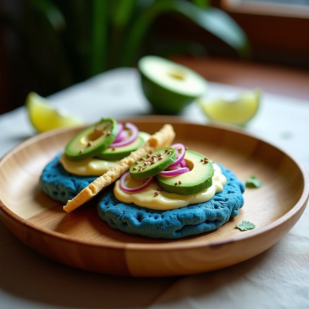 Arepa de maíz azul abierta por la mitad, rellena de queso cremoso de cashew, láminas de aguacate y cebolla morada en juliana, sobre un plato de madera rústico con fondo borroso.
