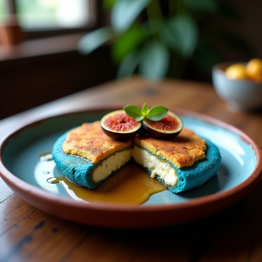 Arepa de maíz azul dorada y crujiente por fuera, abierta por la mitad y rellena de queso de castañas cremoso y higos caramelizados brillantes, servida en un plato de cerámica rústica sobre una mesa de madera con fondo desenfocado.