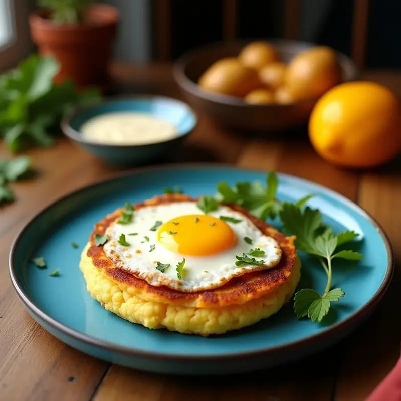 Arepa de maíz azul abierta por la mitad, rellena de queso costeño desmenuzado y coronada con un huevo frito de yema líquida, sobre un plato de barro rústico con fondo de tela de lino.