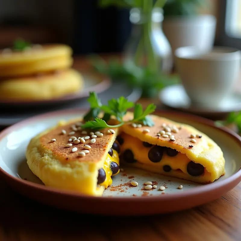 Arepa de maíz azul cortada por la mitad, rellena de queso vegano amarillo brillante de cúrcuma y black beans negros con trozos de cebolla morada y cilantro. Plato rústico de barro con fondo de madera oscura y hoja de plátano como decoración.