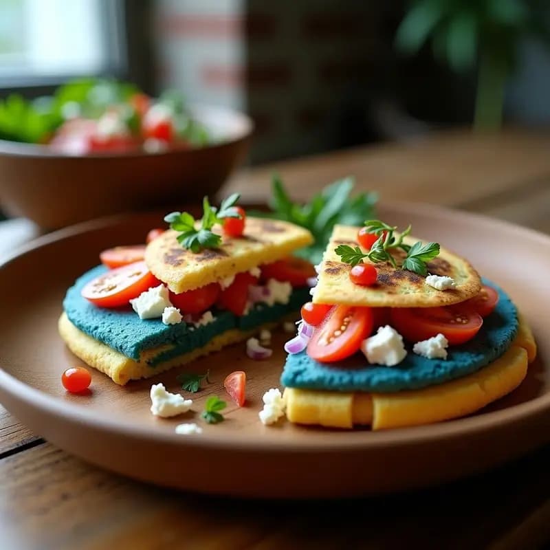 Arepa de maíz azul cortada por la mitad rellena de queso feta desmenuzado, cebolla morada, tomates cherry y aceitunas kalamata, servida en plato de madera rústico con topping griego fresco.