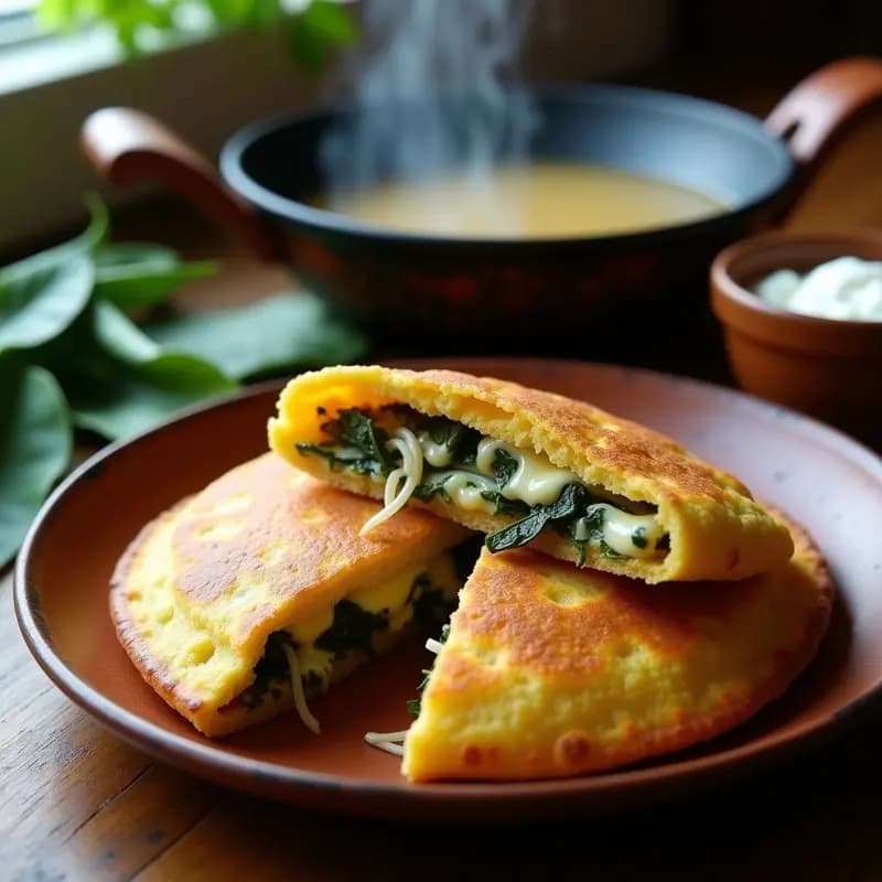 Arepa de maíz azul dorada y humeante abierta por la mitad, rellena de queso Oaxaca derretido y rajas de poblano asadas, servida en plato de barro rústico sobre fondo de comal tradicional mexicano.