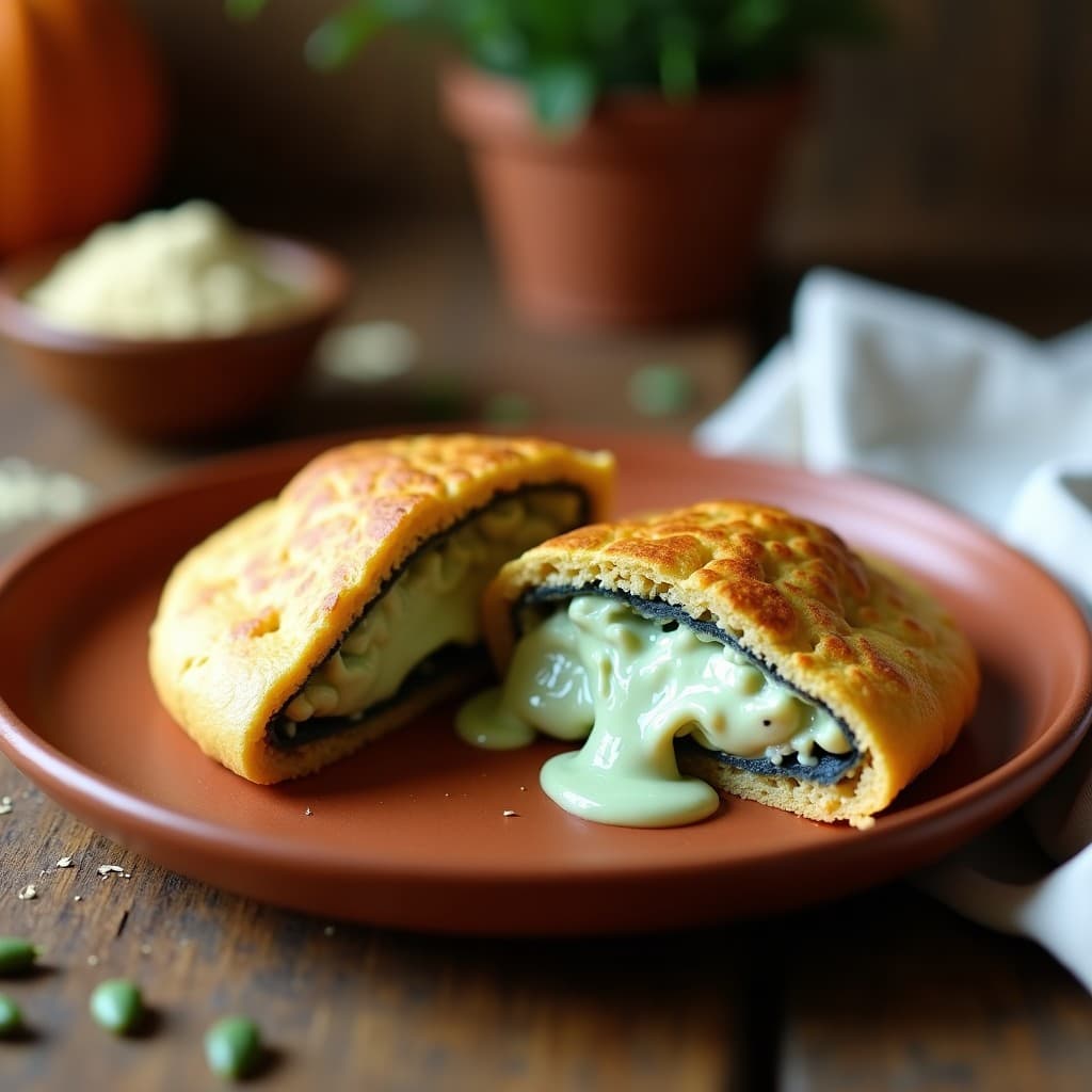 Arepa de maíz azul abierta por la mitad, rellena de queso cremoso de semillas de calabaza, con un color vibrante azul oscuro y dorado por fuera, servida en un plato de barro rústico sobre una mesa de madera.