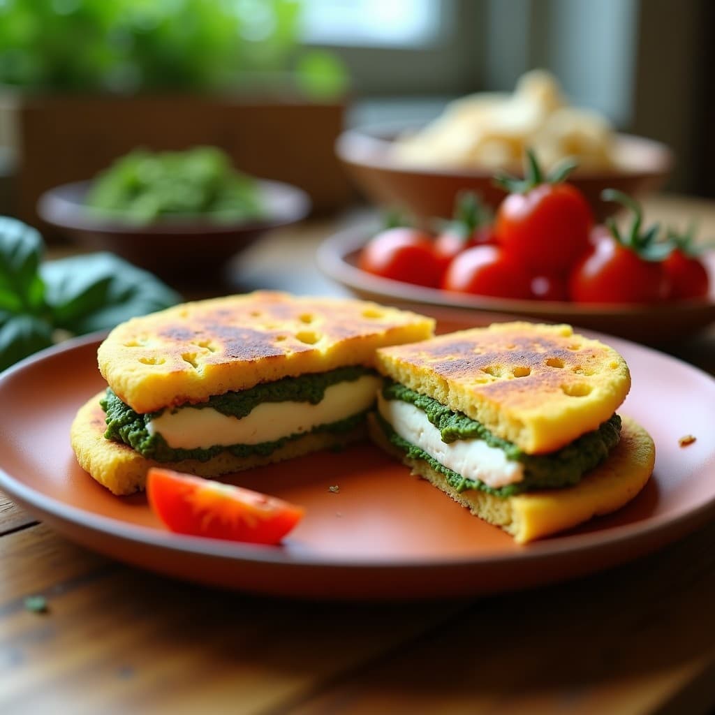 Arepa de maíz azul dorada y crujiente cortada por la mitad, mostrando su relleno cremoso de queso vegano blanco y pesto de albahaca verde, decorada con tomates cherry rojos. Plato rústico de barro sobre fondo de madera clara.