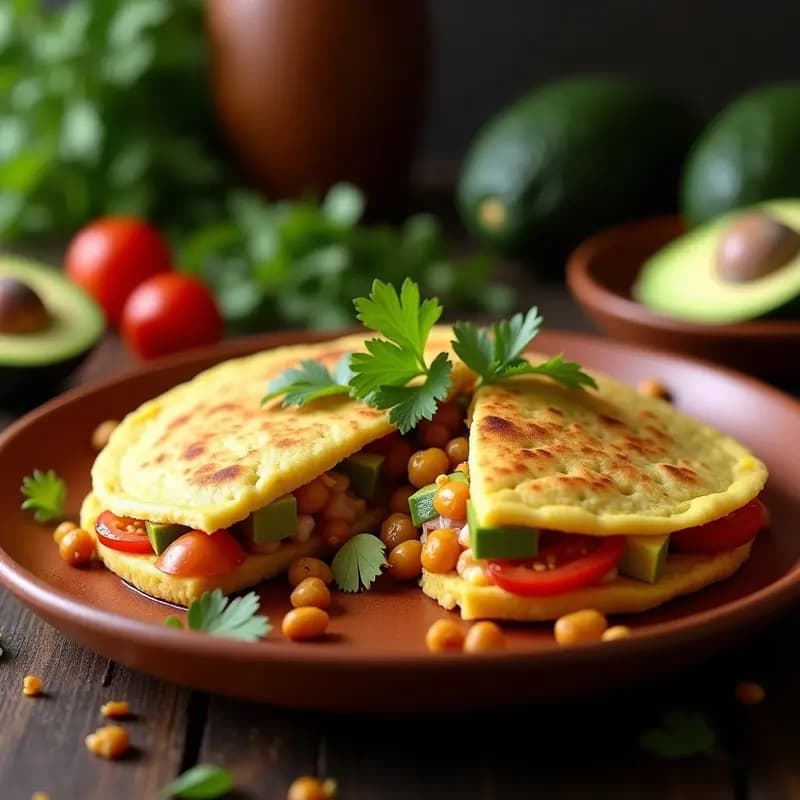 Arepa de maíz blanco dorada y recién horneada, abierta por la mitad y rellena de una mezcla colorida de garbanzos especiados, aguacate en cubos, cebolla morada y tomates cherry. Acompañada de un hilo de aceite de oliva y cilantro fresco picado, sobre un plato rústico de barro con fondo de madera oscura.