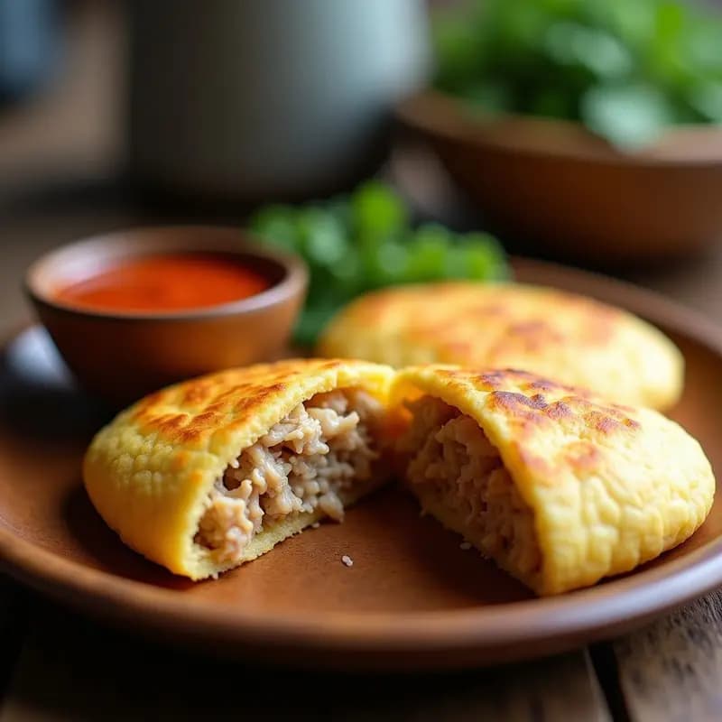 Arepa de maíz blanco dorada y crujiente rellena de carimañola desmenuzada, servida en plato rústico con salsa de ají al lado, receta colombiana fusion en airfryer.