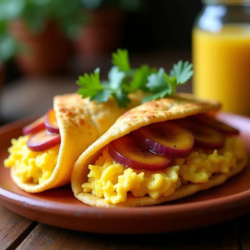 Arepa de maíz blanco dorada y esponjosa abierta por la mitad, rellena de huevos revueltos cremosos, rodajas caramelizadas de plátano maduro y un toque de queso blanco desmenuzado, servida en un plato rústico de barro con fondo de madera.
