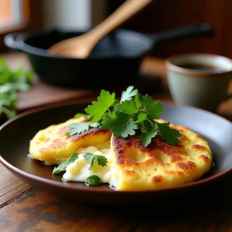 Arepa dorada de maíz blanco cortada por la mitad, rellena de queso de burro desmenuzado y hojas de cilantro fresco, sobre un plato de barro rústico con fondo de tela a cuadros rojos y blancos, típica de la cocina colombiana.