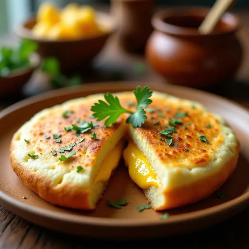 Arepa dorada y crujiente de maíz branco rellena de queso de coalho, servida en un plato rústico con mantequilla de garlic derritiéndose por encima, fondo de cocina brasileña.