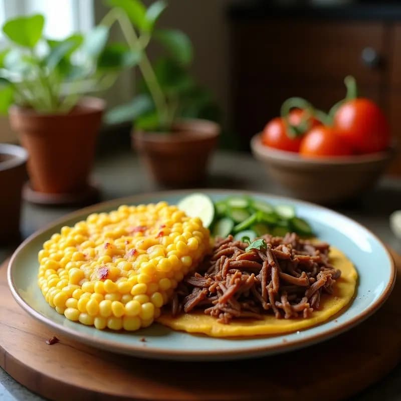 Arepa venezolana dorada y crujiente abierta por la mitad, rellena de carne mechada jugosa y especiada, con queso blanco desmenuzado. Plato tradicional servido en un plato de barro rústico, acompañada de un fondo borroso de ingredientes como maíz y especias.