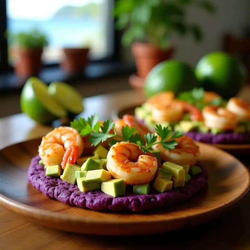 Arepa dominicana de maíz morado cortada por la mitad, rellena de camarones al ajillo con trozos de aguacate cremoso, decorada con cilantro fresco y hojas de lechuga morada sobre un plato de madera rústico.