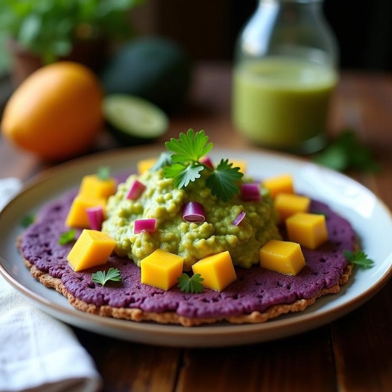Arepa de maíz morado abierta por la mitad rellena de guacamole de mango, con trozos de aguacate y mango visibles. Plato colorido con tonos morados, verdes y naranjas sobre un fondo rústico de madera.