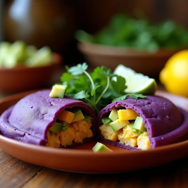 Arepa de maíz morado abierta mostrando su interior relleno de pollo al ají amarillo con trozos de queso fresco y cilantro, servida en un plato de barro sobre una mesa rústica de madera.