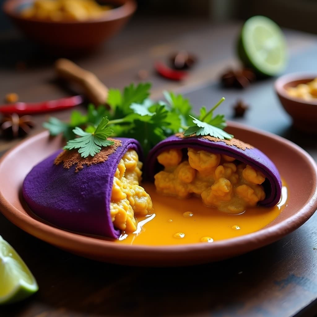 Arepa de maíz morado cortada por la mitad, rellena de pollo al curry con salsa cremosa de leche de coco, decorada con hojas de cilantro fresco sobre un plato de barro rústico, con fondo de madera oscura y especias al lado.