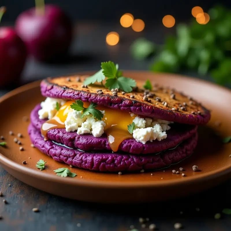 Arepa de maíz morado recién hecha, abierta por la mitad y rellena de queso de cabra cremoso mezclado con jarabe de arce dorado, decorada con hojas de cilantro fresco sobre un plato de madera rústico.