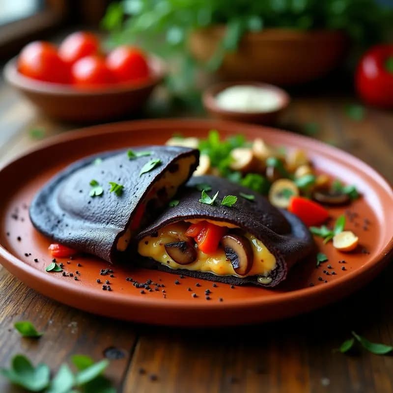 Arepa venezolana de maíz negro cortada por la mitad, rellena de queso cremoso de almendras y champiñones portobello salteados con pimentón rojo, servida en un plato de barro con perejil fresco. Textura dorada y esponjosa por fuera, fundente por dentro.