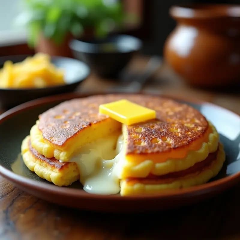 Arepa de maíz pilado dorada y humeante, abierta por la mitad y rellena de queso de mano derretido, sobre un plato de barro rústico con fondo de cocina tradicional venezolana.