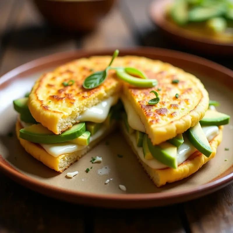 Arepa de maíz amarillo dorada y crujiente rellena de queso blanco desmenuzado y cremoso aguacate verde, servida en un plato de madera con rodajas de limón y cilantro fresco, receta tradicional venezolana en 15 minutos.